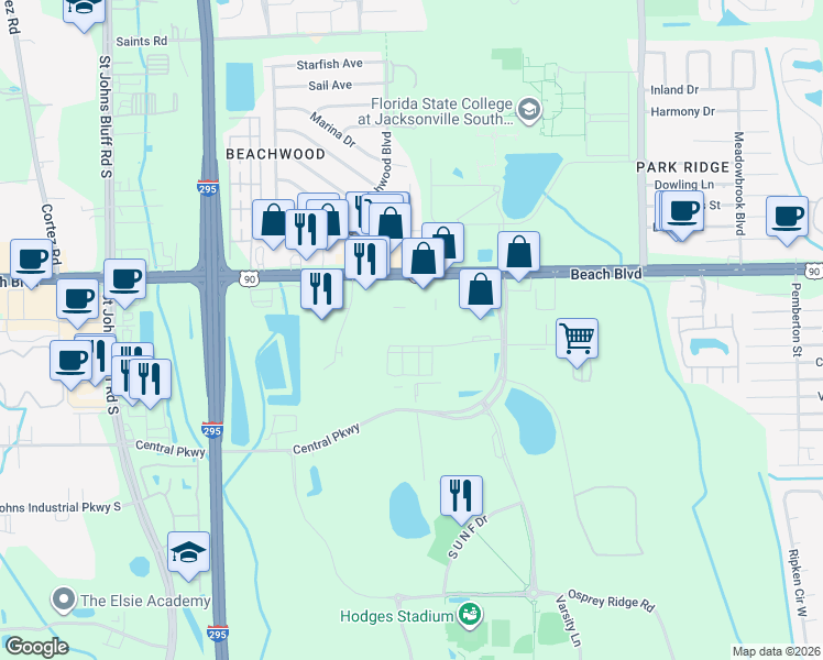 map of restaurants, bars, coffee shops, grocery stores, and more near 11711 Marco Beach Drive in Jacksonville