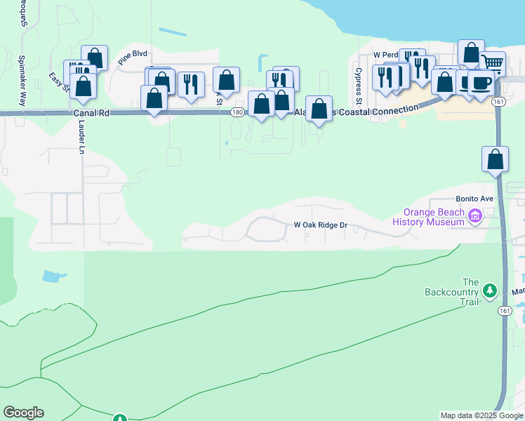 map of restaurants, bars, coffee shops, grocery stores, and more near 25129 West Oak Ridge Drive in Orange Beach