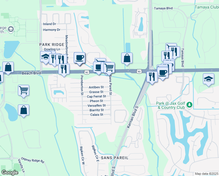 map of restaurants, bars, coffee shops, grocery stores, and more near 3420 Sans Pareil Street in Jacksonville