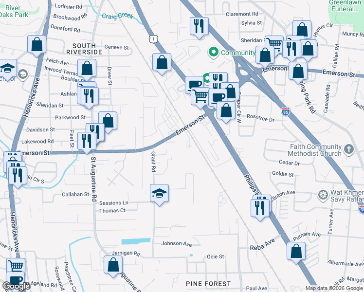 map of restaurants, bars, coffee shops, grocery stores, and more near 2364 Emerson Street in Jacksonville