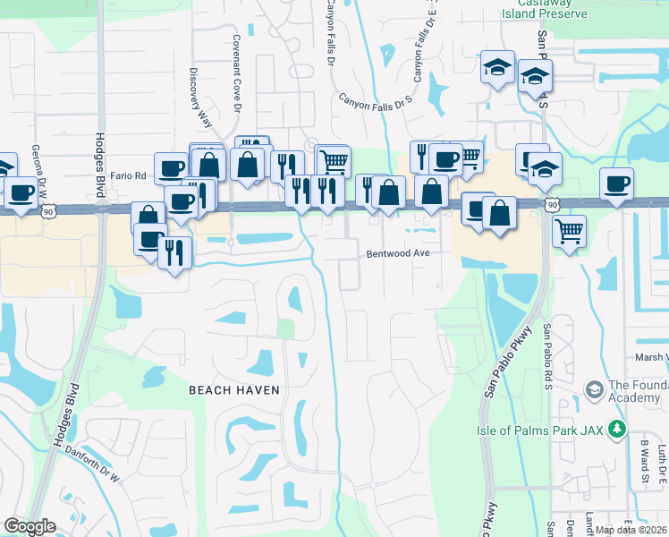 map of restaurants, bars, coffee shops, grocery stores, and more near 3521 Waterchase Way East in Jacksonville