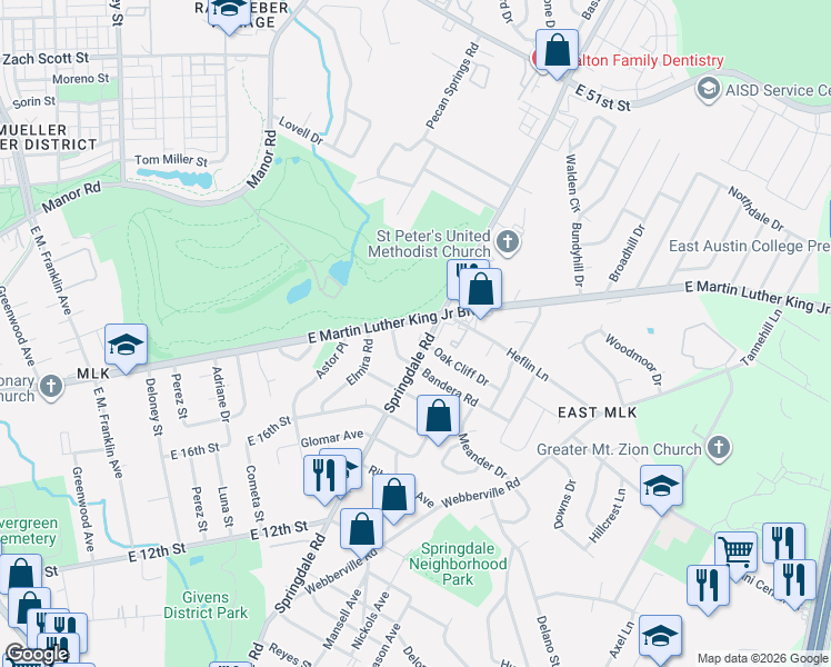 map of restaurants, bars, coffee shops, grocery stores, and more near 1810 Springdale Road in Austin