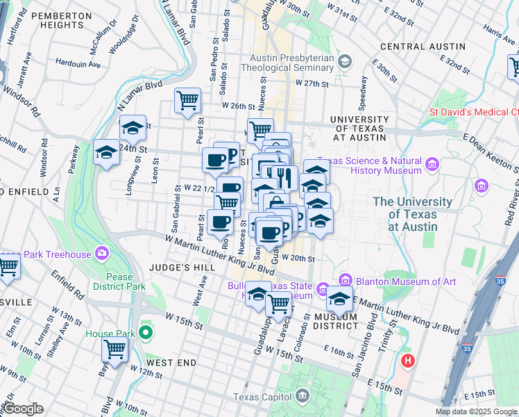 map of restaurants, bars, coffee shops, grocery stores, and more near 405 West 22nd Street in Austin