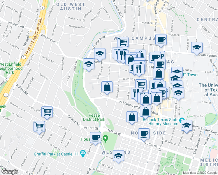 map of restaurants, bars, coffee shops, grocery stores, and more near 1915 Robbins Place in Austin