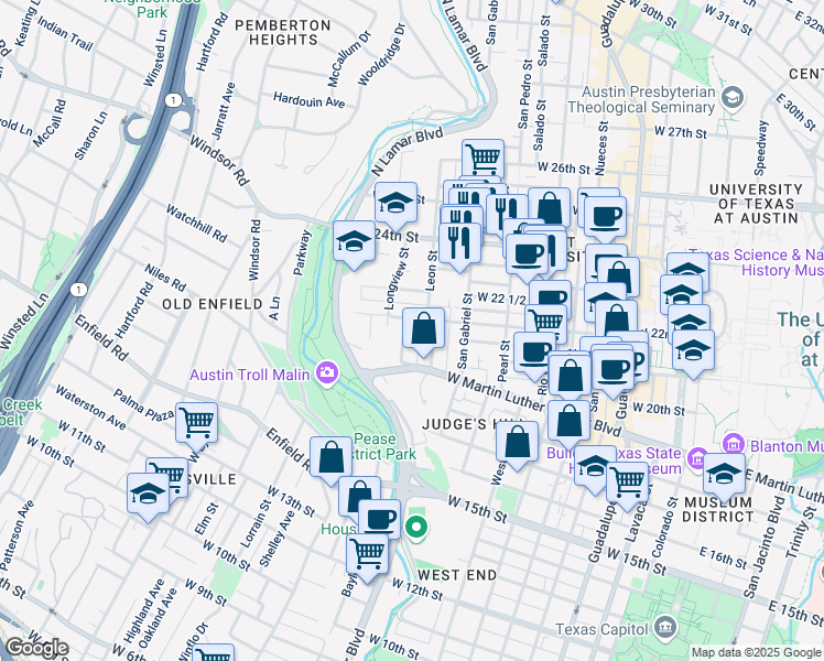map of restaurants, bars, coffee shops, grocery stores, and more near 1913 David Street in Austin