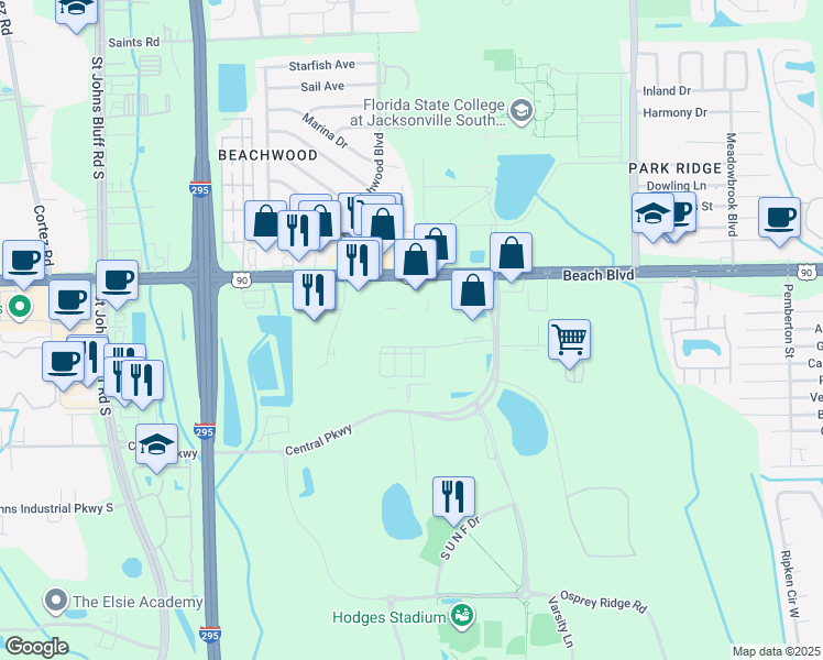 map of restaurants, bars, coffee shops, grocery stores, and more near 11711 Marco Beach Drive in Jacksonville