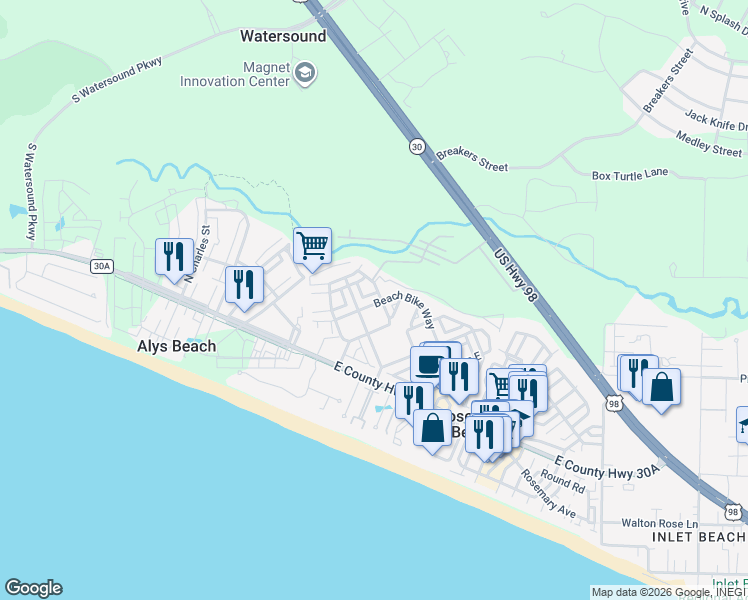 map of restaurants, bars, coffee shops, grocery stores, and more near 105 East Blue Crab Loop in Rosemary Beach