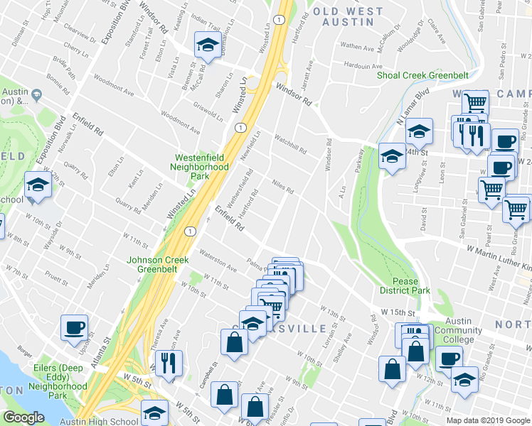 map of restaurants, bars, coffee shops, grocery stores, and more near 1704 Summit View Place in Austin
