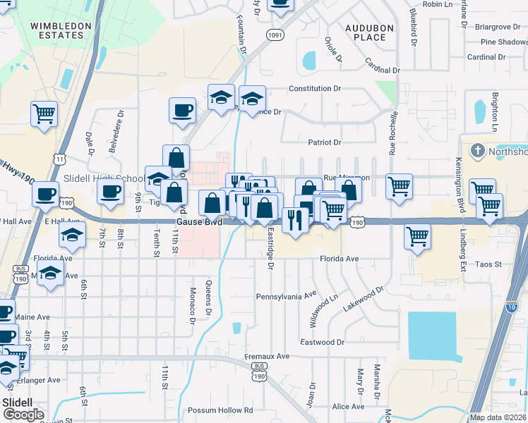 map of restaurants, bars, coffee shops, grocery stores, and more near 1100 Gause Boulevard in Slidell