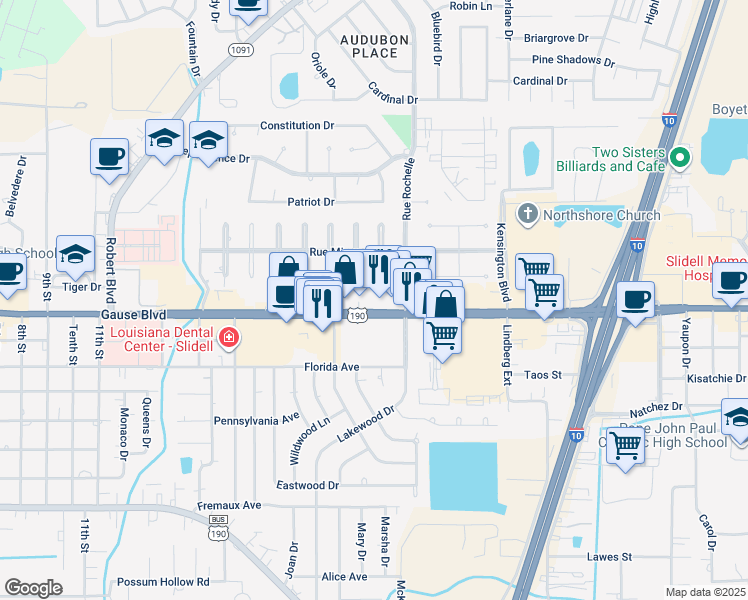 map of restaurants, bars, coffee shops, grocery stores, and more near 1418 Gause Boulevard in Slidell