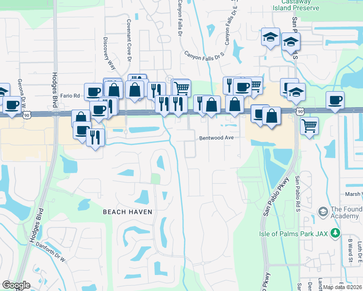 map of restaurants, bars, coffee shops, grocery stores, and more near 3521 Waterchase Way East in Jacksonville