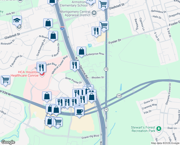 map of restaurants, bars, coffee shops, grocery stores, and more near Steed Place in Conroe