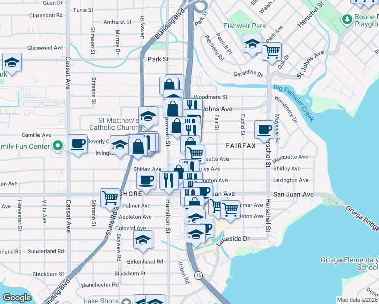map of restaurants, bars, coffee shops, grocery stores, and more near 4265 Roosevelt Boulevard in Jacksonville