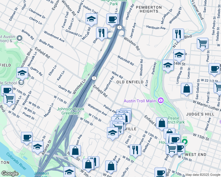 map of restaurants, bars, coffee shops, grocery stores, and more near 1713 Summit View Place in Austin