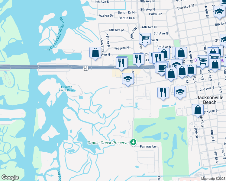 map of restaurants, bars, coffee shops, grocery stores, and more near 1610 Shetter Avenue in Jacksonville Beach