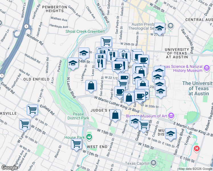 map of restaurants, bars, coffee shops, grocery stores, and more near 908 West 21st Street in Austin