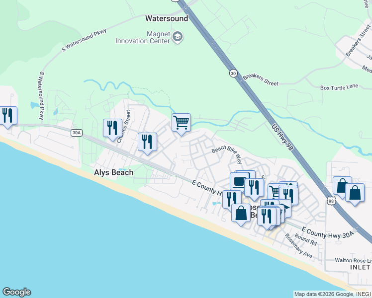 map of restaurants, bars, coffee shops, grocery stores, and more near 151 Woody Wagon Way in Rosemary Beach