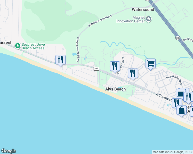 map of restaurants, bars, coffee shops, grocery stores, and more near 202 Walton Buena Vista Drive in Rosemary Beach