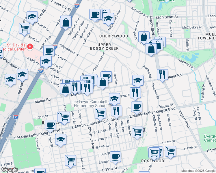map of restaurants, bars, coffee shops, grocery stores, and more near in Austin