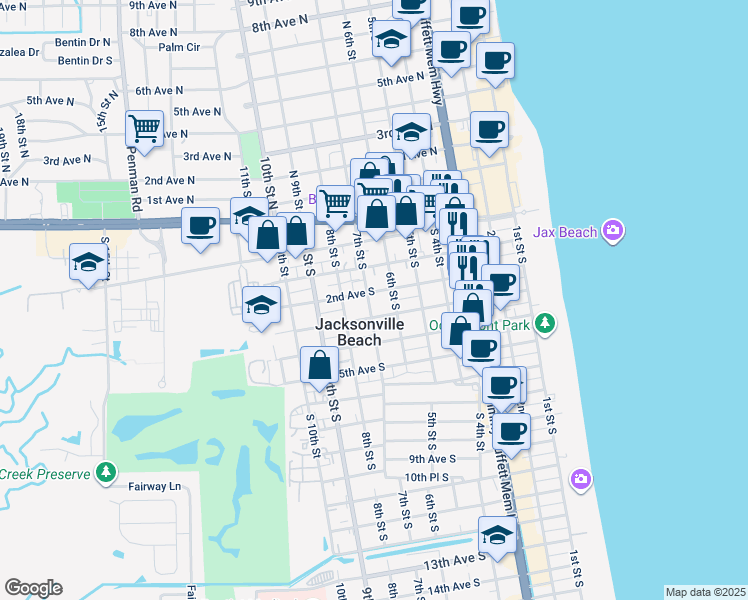map of restaurants, bars, coffee shops, grocery stores, and more near 209 7th Street South in Jacksonville Beach