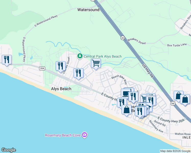 map of restaurants, bars, coffee shops, grocery stores, and more near 151 Woody Wagon Way in Rosemary Beach