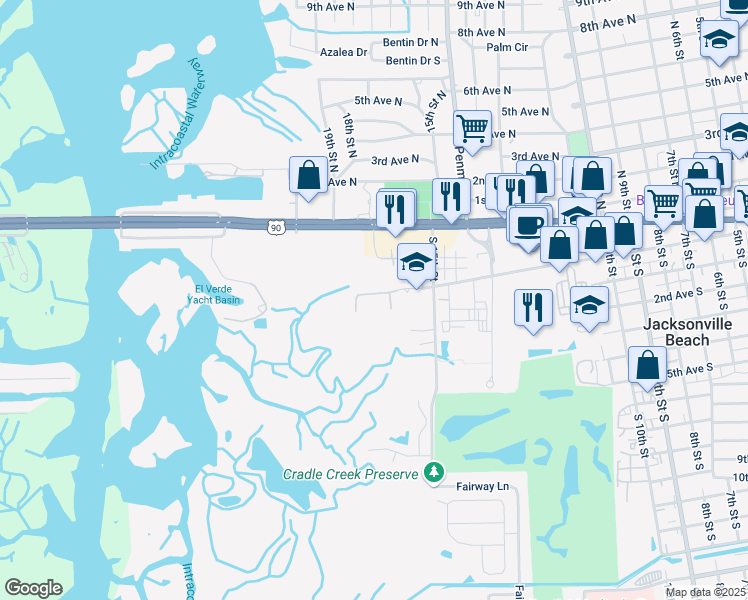 map of restaurants, bars, coffee shops, grocery stores, and more near 1610 Shetter Avenue in Jacksonville Beach