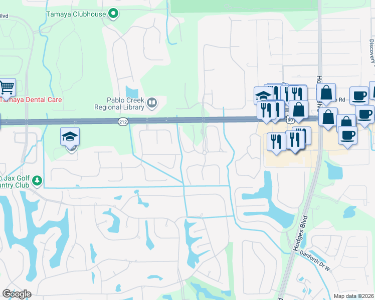 map of restaurants, bars, coffee shops, grocery stores, and more near 13123 Berwickshire Drive in Jacksonville
