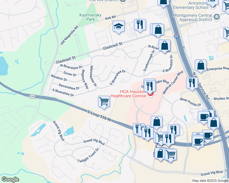 map of restaurants, bars, coffee shops, grocery stores, and more near 604 Conroe Medical Drive in Conroe