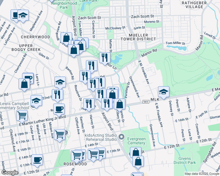 map of restaurants, bars, coffee shops, grocery stores, and more near 2038 Encino Circle in Austin