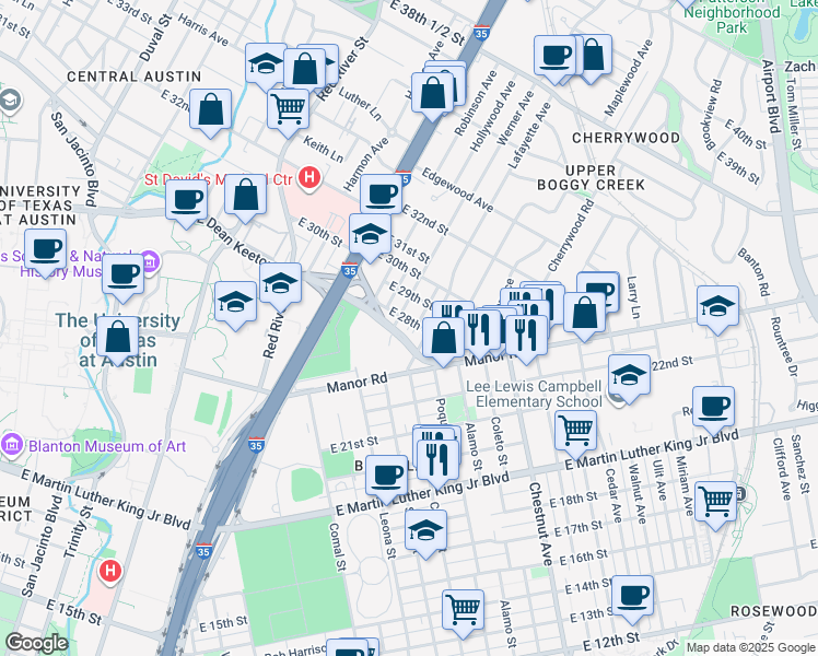 map of restaurants, bars, coffee shops, grocery stores, and more near 2702 Drury Lane in Austin