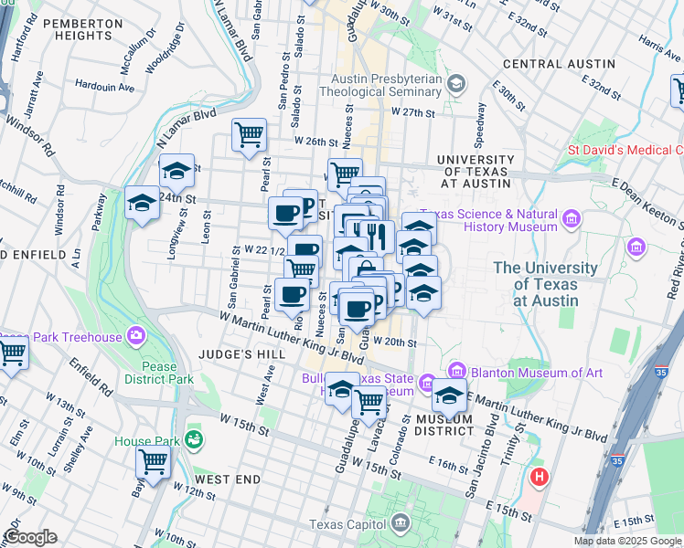 map of restaurants, bars, coffee shops, grocery stores, and more near 405 West 22nd Street in Austin