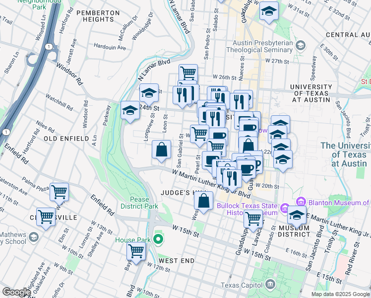 map of restaurants, bars, coffee shops, grocery stores, and more near 908 West 21st Street in Austin