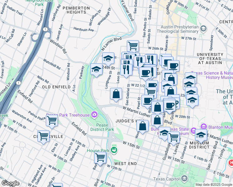 map of restaurants, bars, coffee shops, grocery stores, and more near 1915 Robbins Place in Austin