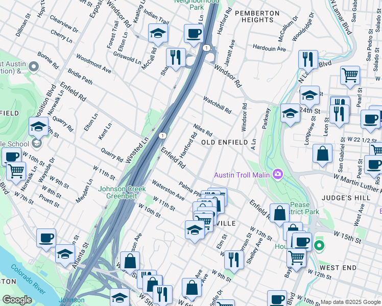 map of restaurants, bars, coffee shops, grocery stores, and more near 1713 Summit View Place in Austin