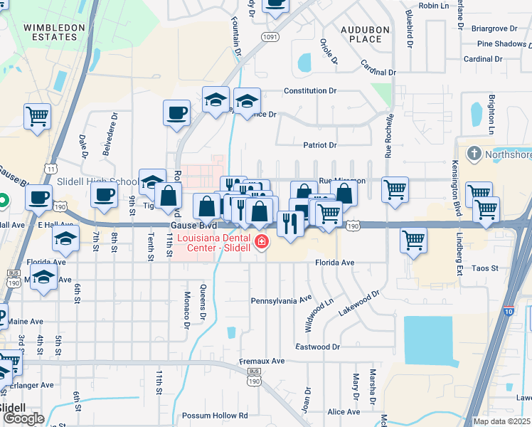 map of restaurants, bars, coffee shops, grocery stores, and more near 1100 Gause Boulevard in Slidell
