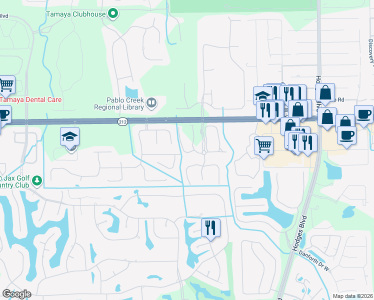 map of restaurants, bars, coffee shops, grocery stores, and more near 13123 Berwickshire Drive in Jacksonville