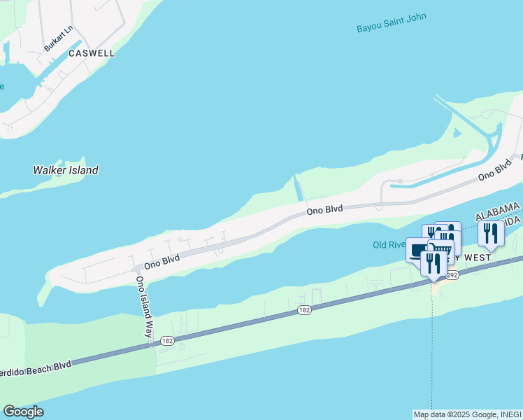 map of restaurants, bars, coffee shops, grocery stores, and more near 29079 Ono Boulevard in Orange Beach