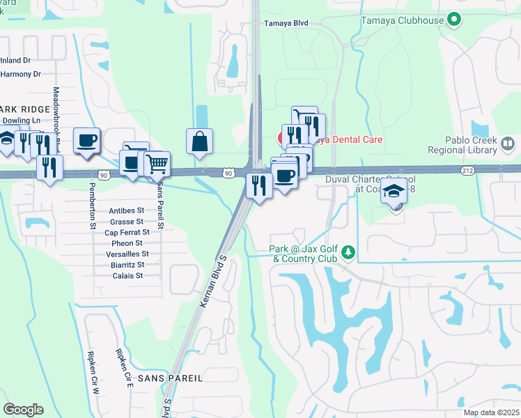 map of restaurants, bars, coffee shops, grocery stores, and more near 3503 Kernan Boulevard South in Jacksonville