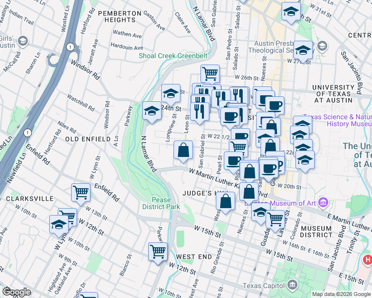 map of restaurants, bars, coffee shops, grocery stores, and more near 1915 Robbins Place in Austin