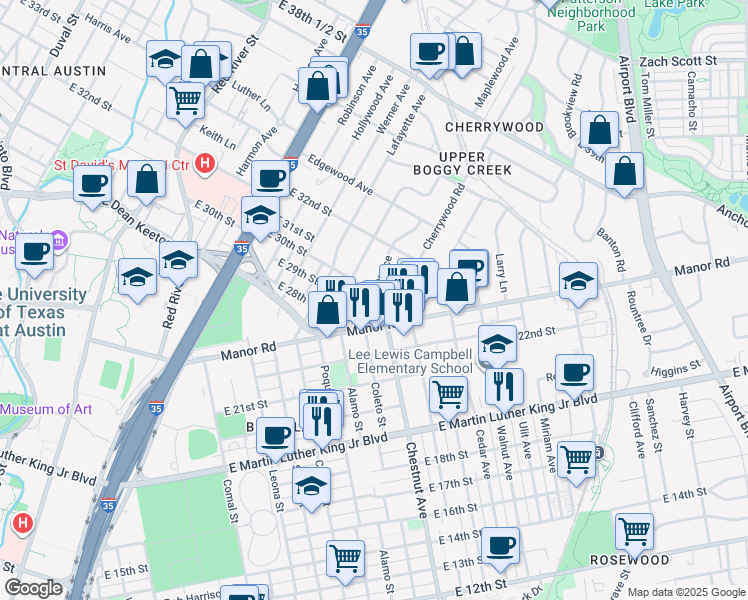 map of restaurants, bars, coffee shops, grocery stores, and more near 2903 Breeze Terrace in Austin