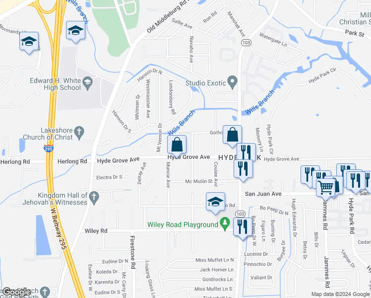 map of restaurants, bars, coffee shops, grocery stores, and more near 1848 Navaho Avenue in Jacksonville