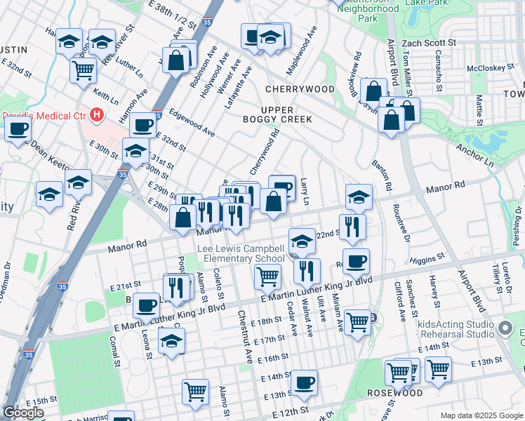 map of restaurants, bars, coffee shops, grocery stores, and more near 2504 Manor Road in Austin