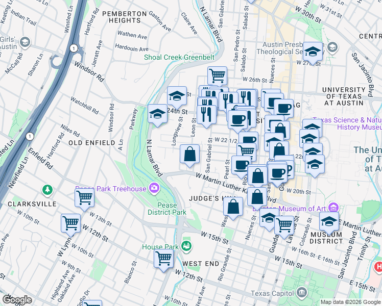 map of restaurants, bars, coffee shops, grocery stores, and more near 1915 Robbins Place in Austin