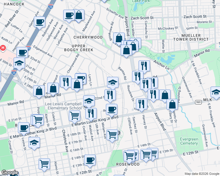 map of restaurants, bars, coffee shops, grocery stores, and more near 2201 Alexander Avenue in Austin
