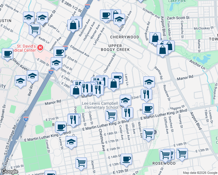 map of restaurants, bars, coffee shops, grocery stores, and more near 2504 Manor Road in Austin