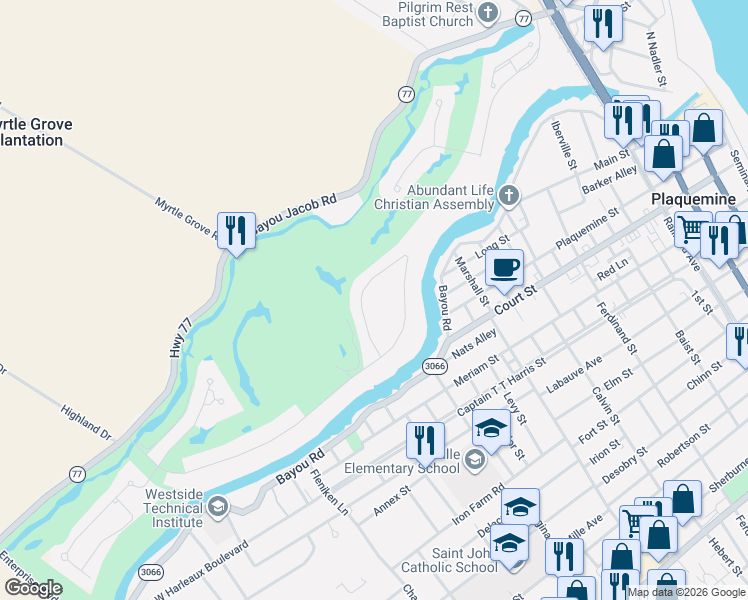 map of restaurants, bars, coffee shops, grocery stores, and more near 58795 Island Drive in Plaquemine