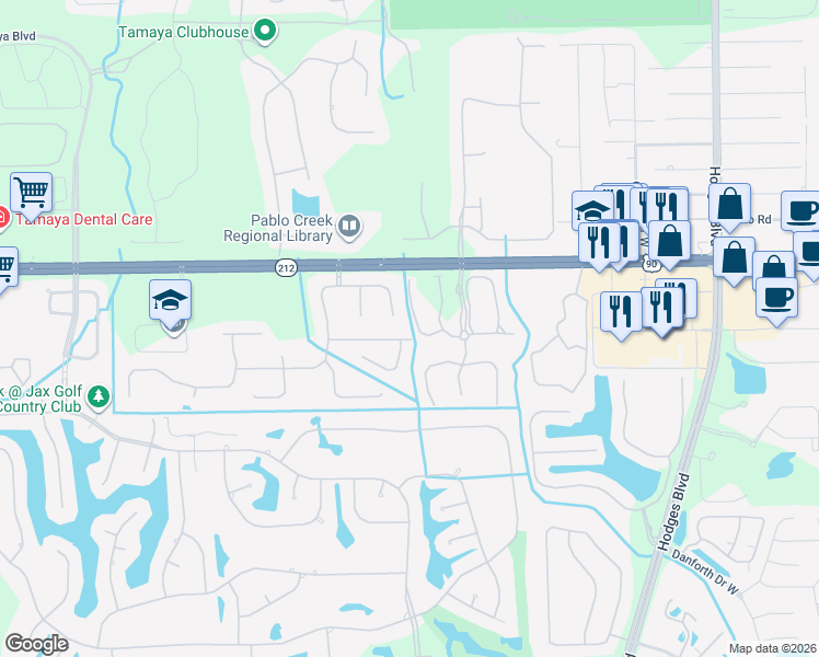 map of restaurants, bars, coffee shops, grocery stores, and more near 13123 Berwickshire Drive in Jacksonville