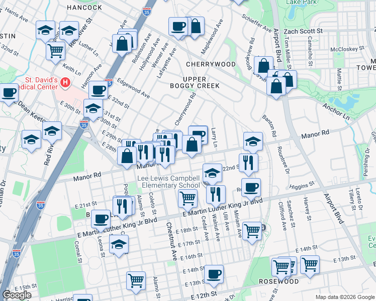 map of restaurants, bars, coffee shops, grocery stores, and more near 2506 Manor Road in Austin