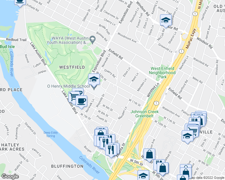 map of restaurants, bars, coffee shops, grocery stores, and more near 1101 Heritage Way in Austin
