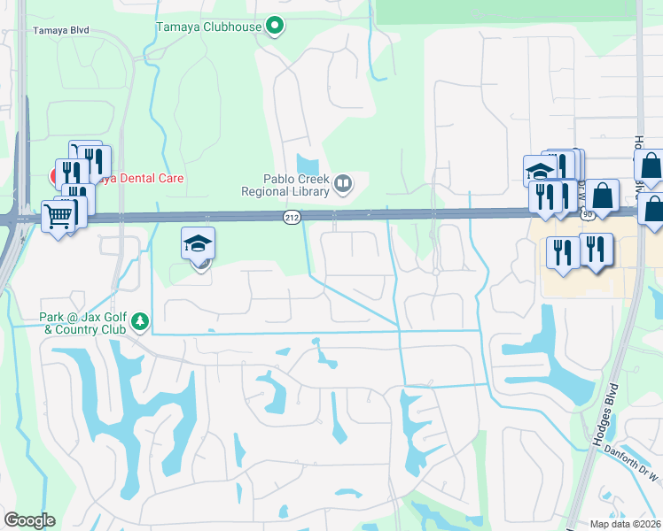 map of restaurants, bars, coffee shops, grocery stores, and more near 3573 Highland Glen Way West in Jacksonville